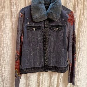 Desigual Grey Denim Jacket with Floral Embroidery